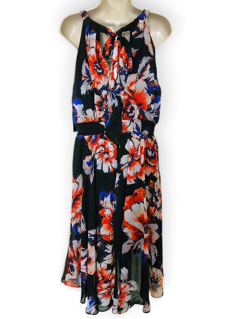 Womens Halter Sleeveless Black Floral High-Low Midi Dress Size 14 - Picture 6 of 8